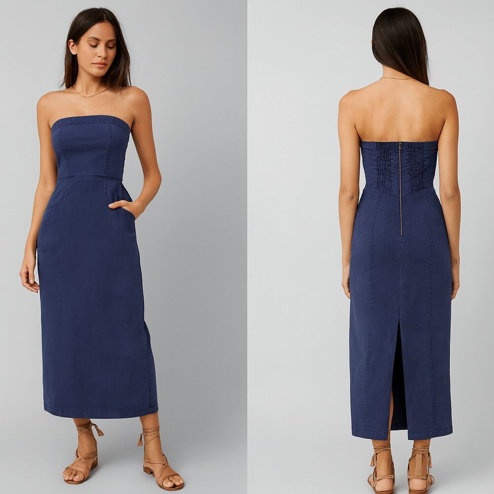 YOUNG FABULOUS & BROKE Taylor Tube Dress Strapless Maxi Dark Blue - Picture 1 of 14